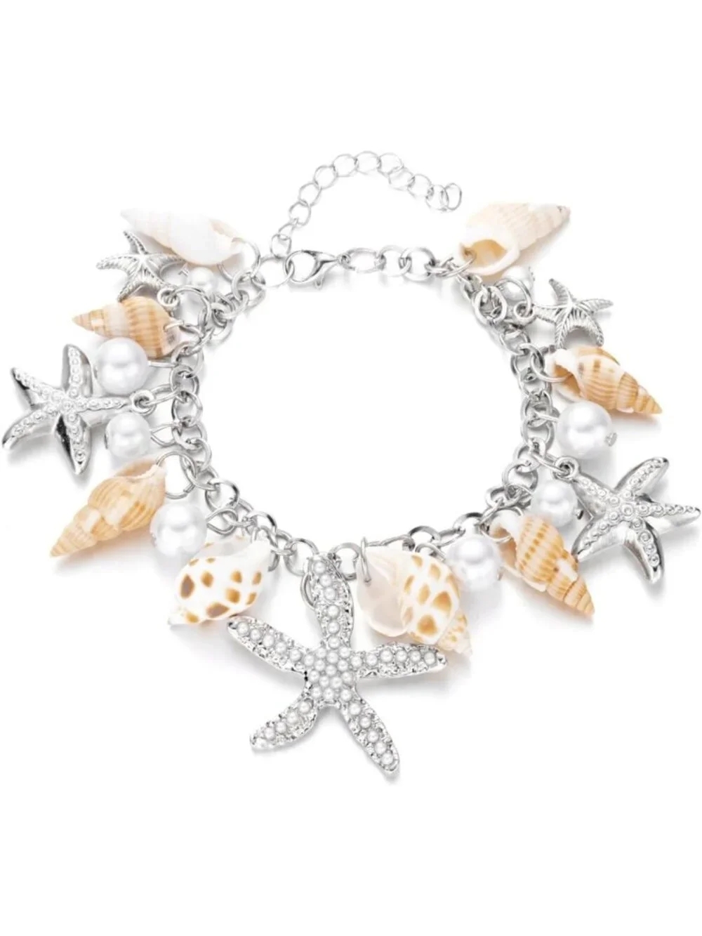 Bohemian Sea Themed Bracelet with Shells, Starfish & Pearls - Beach Jewelry for